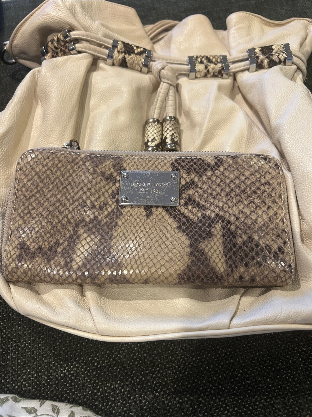 Michael Kors Neutral Snakeskin-Print Zip Wallet